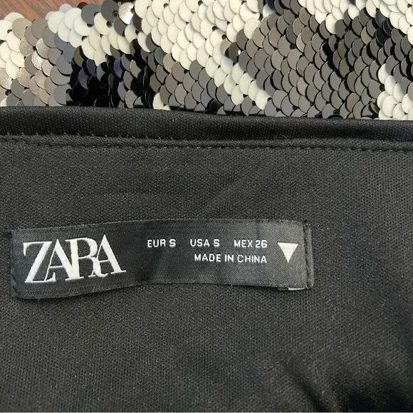 ZARA Black White Sequin Houndstooth Mini Skirt